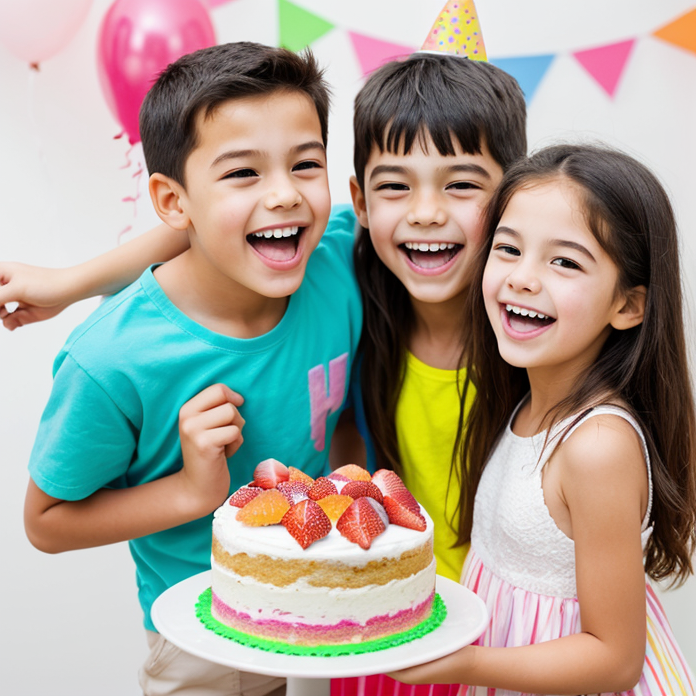Three children laughing together holding a birthday cake with balloons and bunting behind them